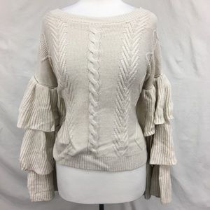 Elan Oatmeal Beige Tiered Ruffle Sleeve Sweater